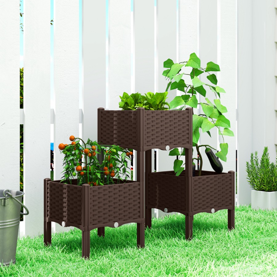 Self-Watering Planter - กระถางปลูกต้นไม้แบบยกสูง ทำจากพลาสติก มีขาตั้ง ระบบให้น้ำอัตโนมัติ พร้อมช่องระบายน้ำและจุกปิด ประกอบง่าย